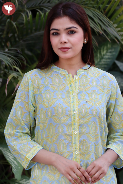 Mulmul Cotton Kurta In Floral Block Print