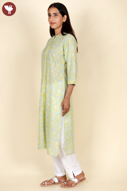 Mulmul Cotton Kurta In Floral Block Print