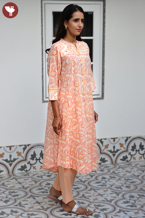MulMul Cotton Peach Kurta In Floral Block Print