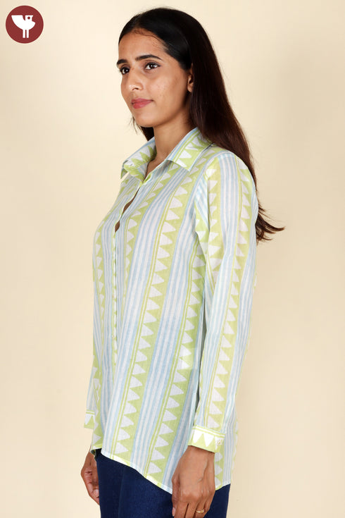 Mulmul Cotton Top In Stripe Geometric Block Print
