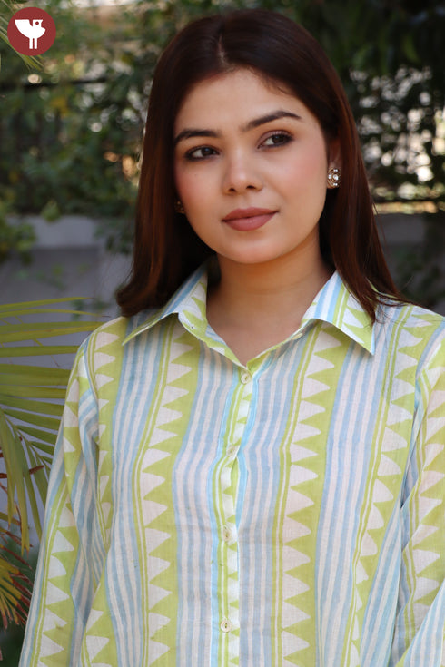 Mulmul Cotton Top In Stripe Geometric Block Print