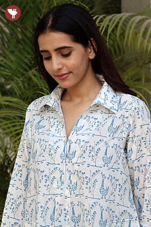 Cambric Cotton Shirt Style Top In Floral Block Print