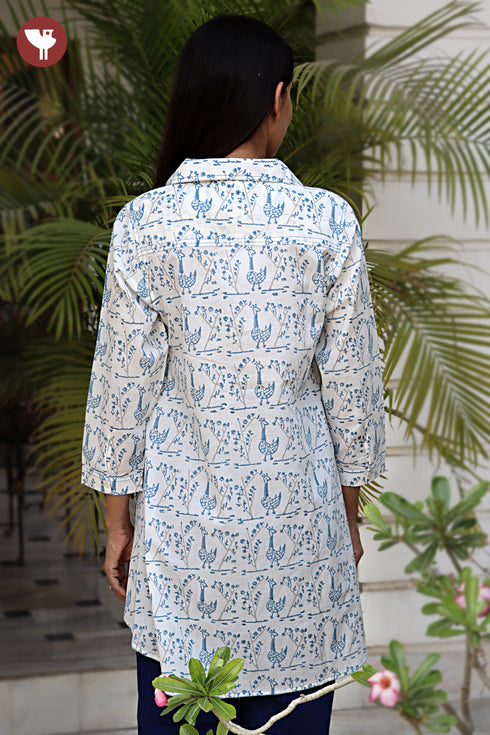 Cambric Cotton Shirt Style Top In Floral Block Print
