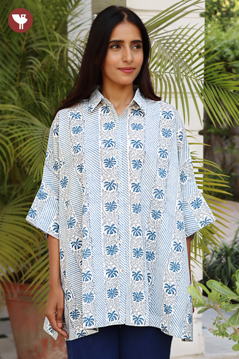 Cambric Cotton Shirt Style Top In Floral Block Print