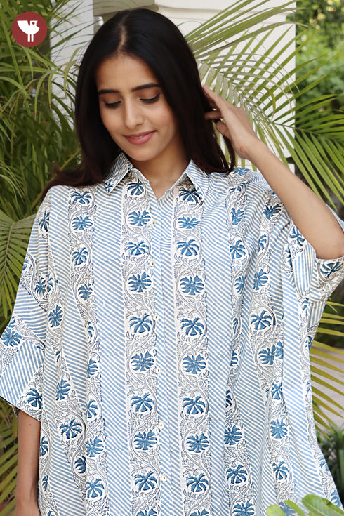 Cambric Cotton Shirt Style Top In Floral Block Print