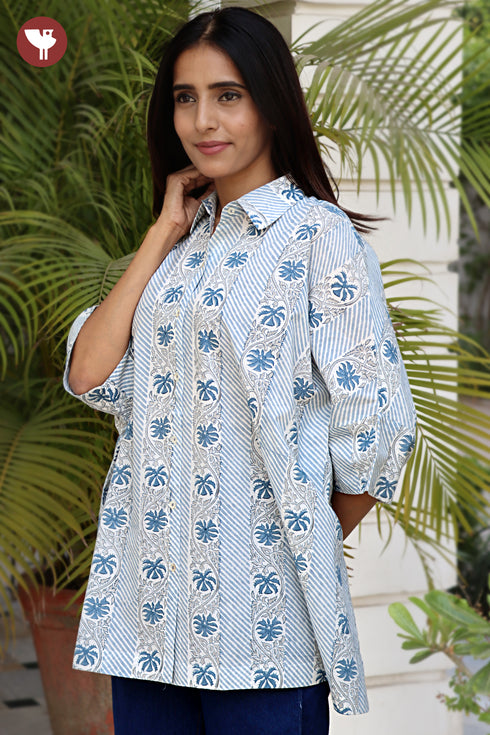 Cambric Cotton Shirt Style Top In Floral Block Print