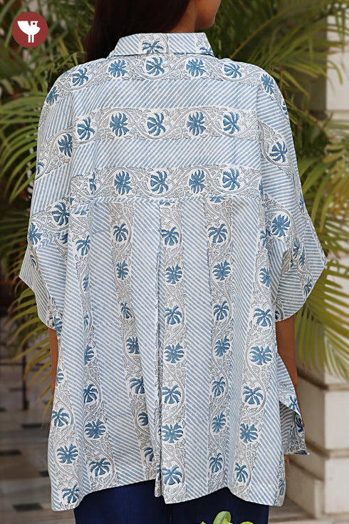Cambric Cotton Shirt Style Top In Floral Block Print