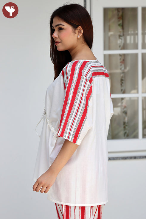 Cambric Cotton Off White Stripe Panel Top In Block Print