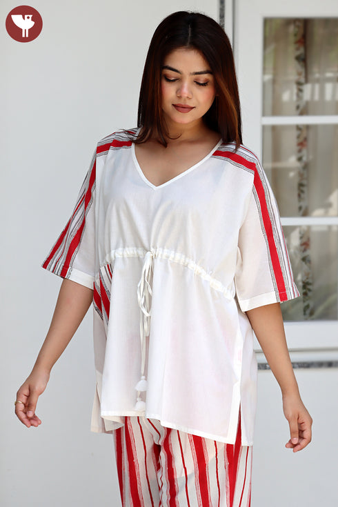 Cambric Cotton Off White Stripe Panel Top In Block Print