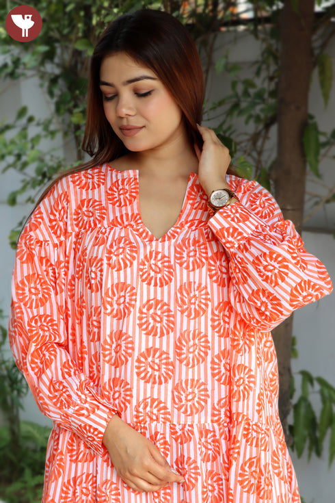 Mulmul Cotton Tiered Dress in Block Print