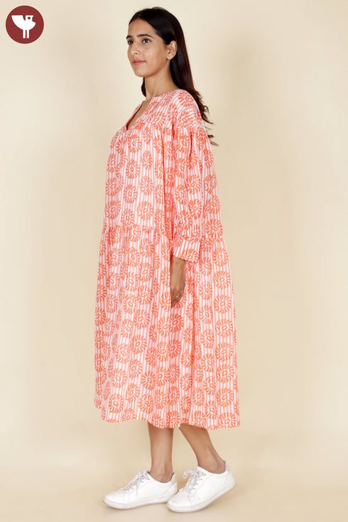 Mulmul Cotton Tiered Dress in Block Print