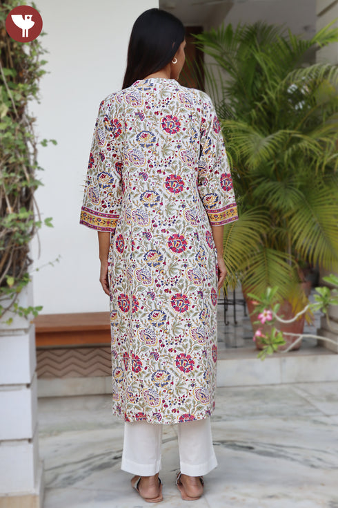 Lyocell Ivory Printed Kurta in Floral Block Print