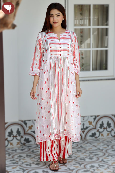 Kota Doria Off White Red Printed Kurta In Block Print