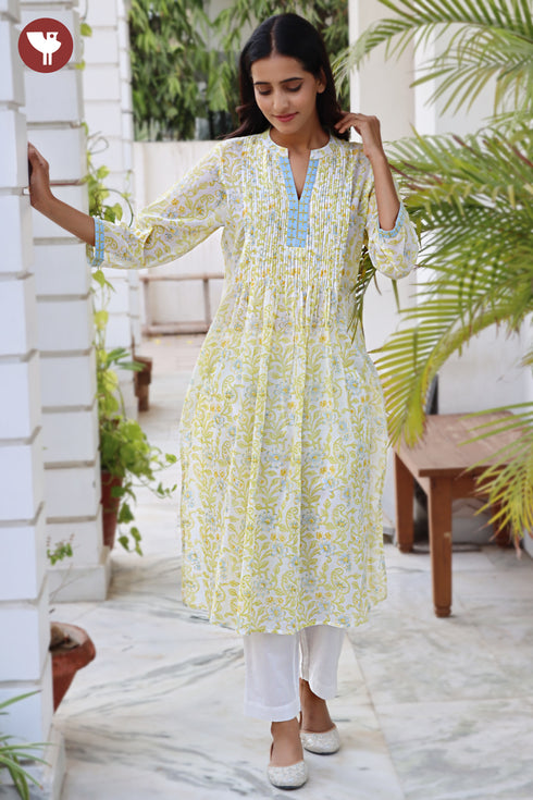 Mul Mul Cotton Floral Pintuc Kurta In Block Print