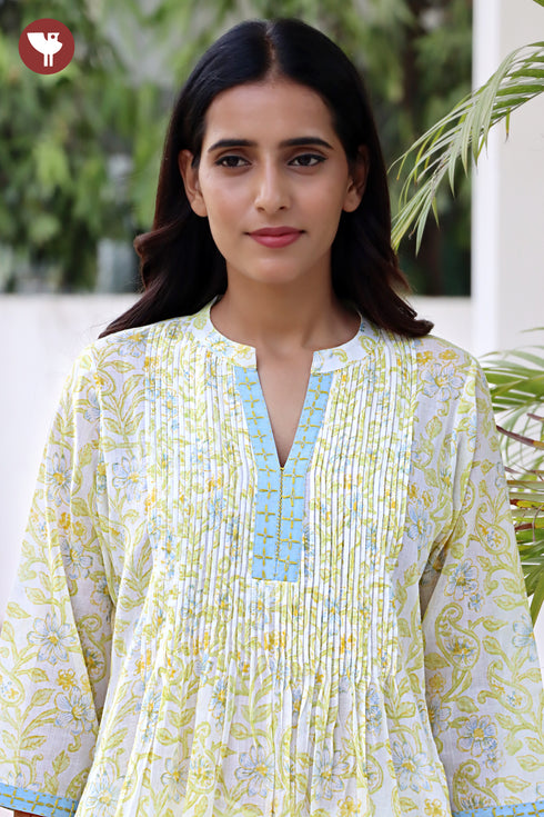 Mul Mul Cotton Floral Pintuc Kurta In Block Print