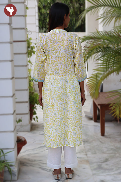 Mul Mul Cotton Floral Pintuc Kurta In Block Print
