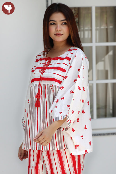 Cambric Cotton Off White Red Printed Top In Block Print