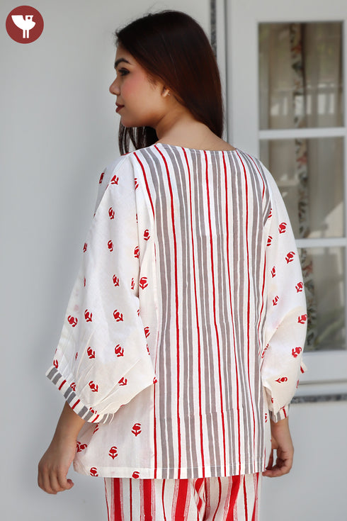 Cambric Cotton Off White Red Printed Top In Block Print
