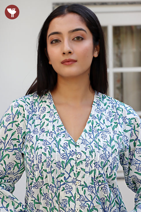 Cambric Cotton Top In Floral Block Print