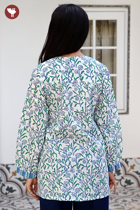 Cambric Cotton Top In Floral Block Print
