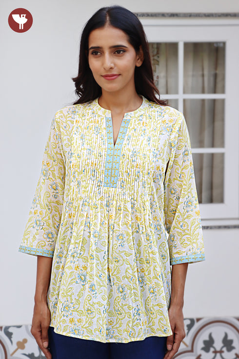 Mul Mul Cotton Pintuc Floral Top In Block Print