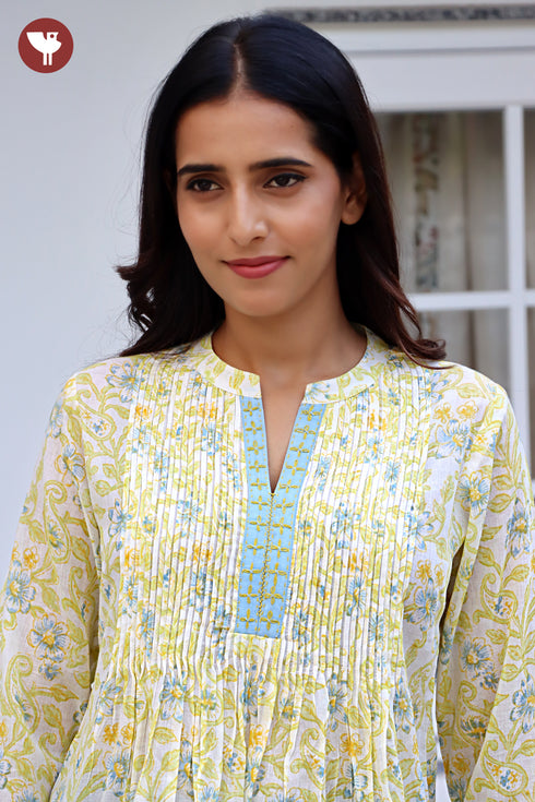 Mul Mul Cotton Pintuc Floral Top In Block Print