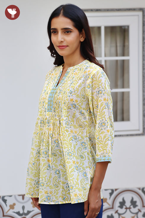 Mul Mul Cotton Pintuc Floral Top In Block Print
