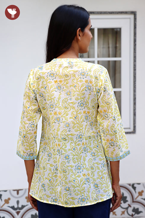 Mul Mul Cotton Pintuc Floral Top In Block Print