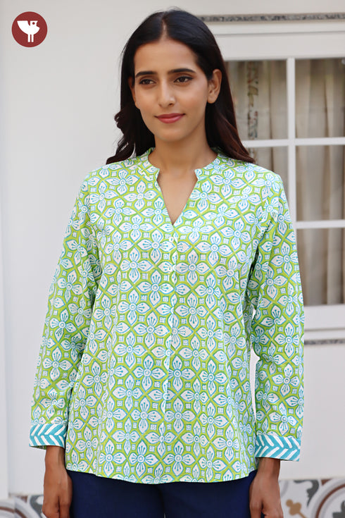 Cambric Cotton Lime Green Top In Floral Block Print