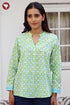 Cambric Cotton Lime Green Top In Floral Block Print