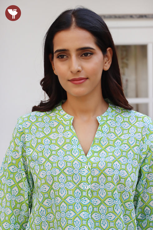Cambric Cotton Lime Green Top In Floral Block Print