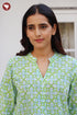 Cambric Cotton Lime Green Top In Floral Block Print