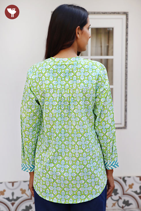 Cambric Cotton Lime Green Top In Floral Block Print