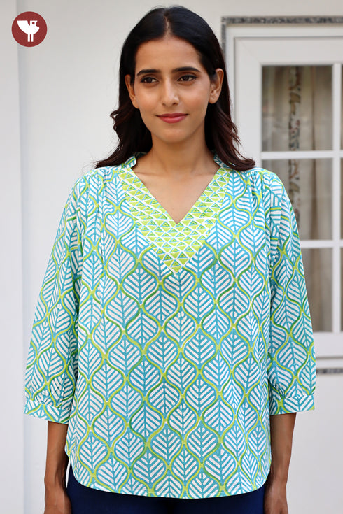 Cambric Cotton Top in Floral Block Print