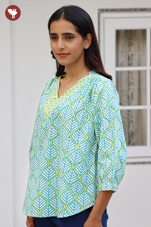 Cambric Cotton Top in Floral Block Print