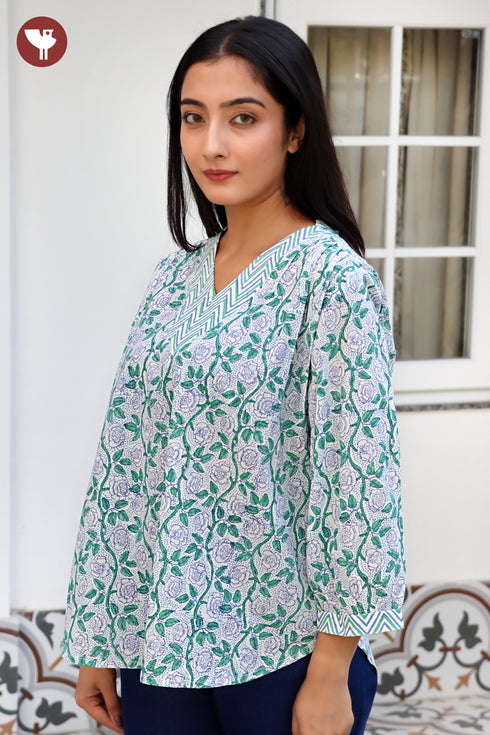 Cambric Cotton Top In Floral Block Print