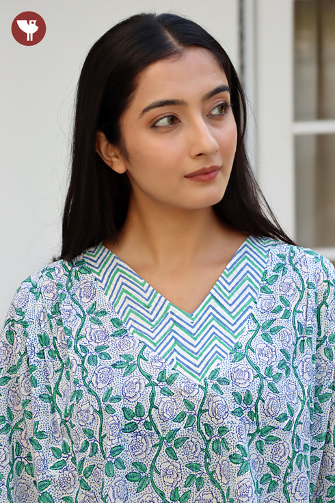 Cambric Cotton Top In Floral Block Print