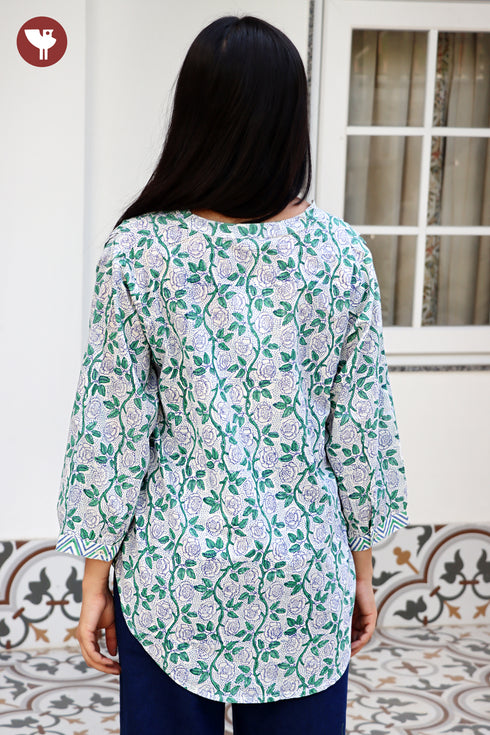 Cambric Cotton Top In Floral Block Print