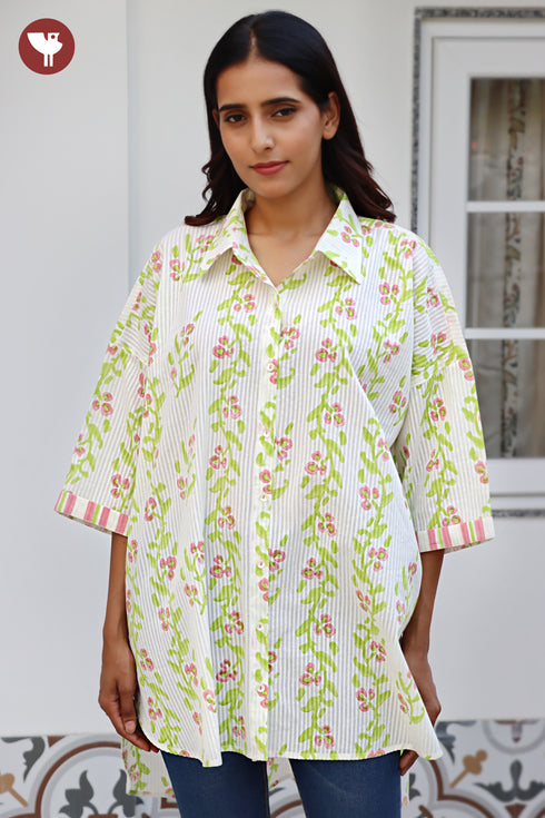 Cotton Stripe Ivory Green Top / Shirt Style In Floral Block Print
