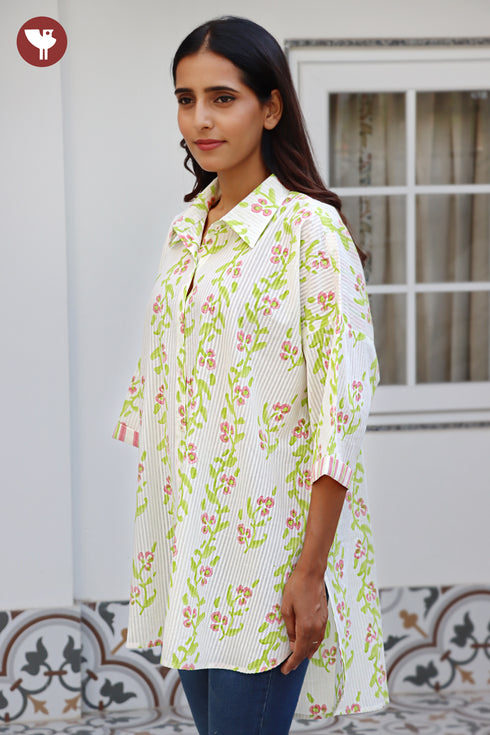 Cotton Stripe Ivory Green Top / Shirt Style In Floral Block Print