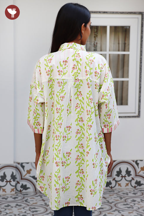 Cotton Stripe Ivory Green Top / Shirt Style In Floral Block Print