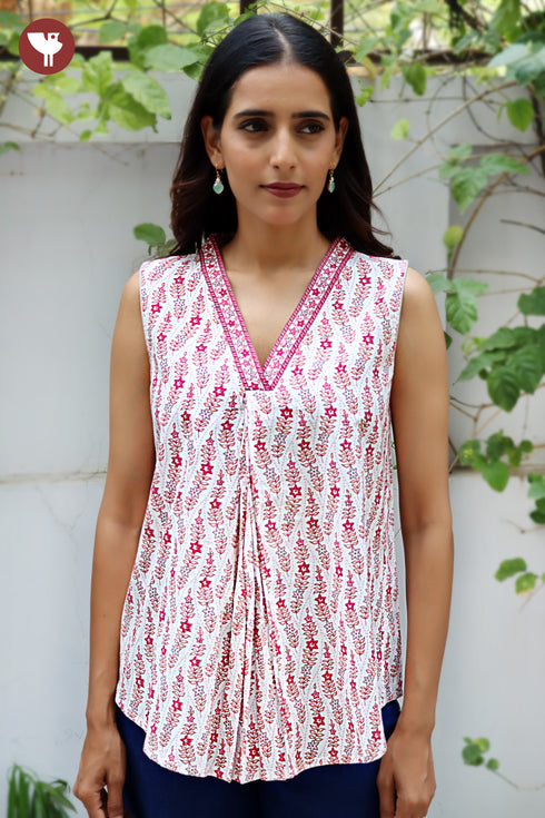 Cambric Cotton Floral Top In Block Print