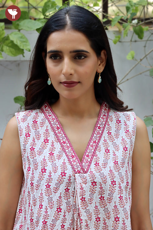 Cambric Cotton Floral Top In Block Print