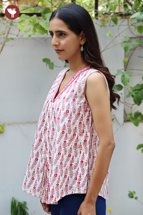 Cambric Cotton Floral Top In Block Print