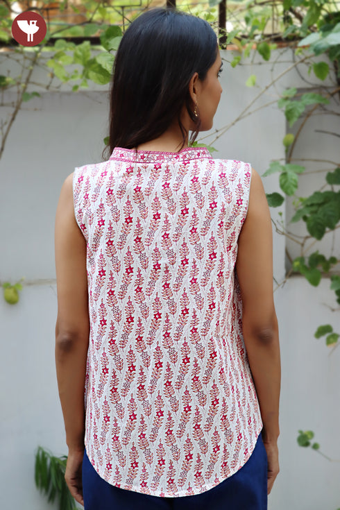 Cambric Cotton Floral Top In Block Print