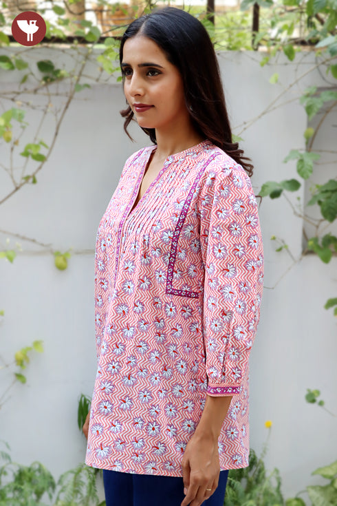 Cambric Cotton Pintuc Floral Top In Block Print