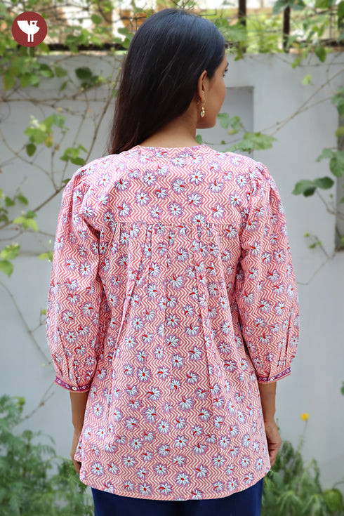 Cambric Cotton Pintuc Floral Top In Block Print