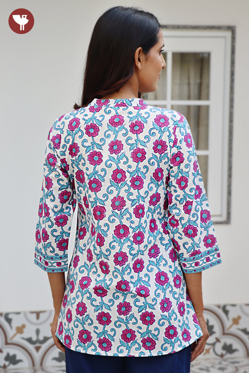 Cambric Cotton Top in Floral Block Print