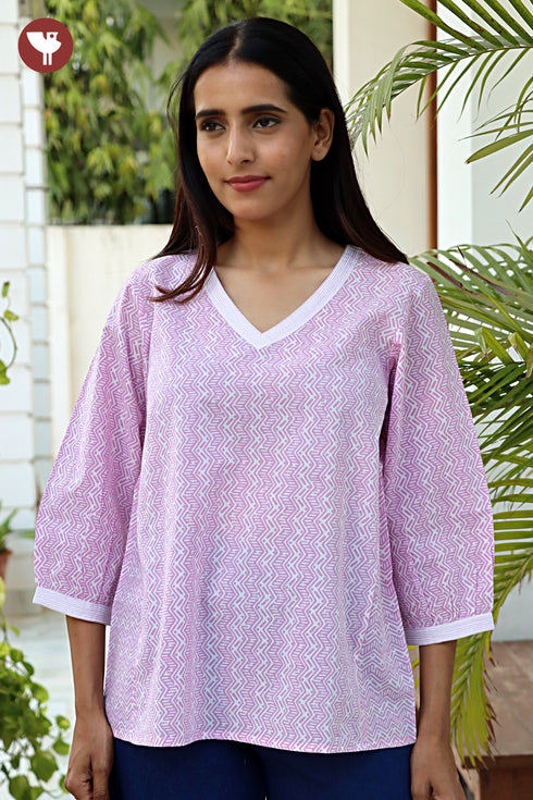 Cambric Cotton Top in Geometric Hand Screen Print