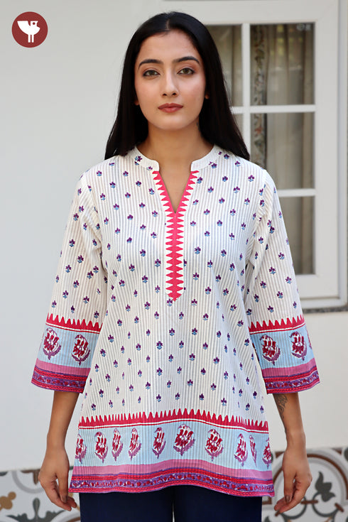 Cotton Stripe Top in Floral Block Print